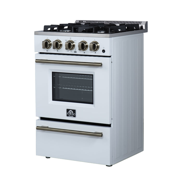 FORNO Breno 24" 2.3 cu.ft Freestanding Gas Range with 4 Sealed Burners and Air Fryer Kit in White with Antique Brass Accents, FFSGS6272-24WHT