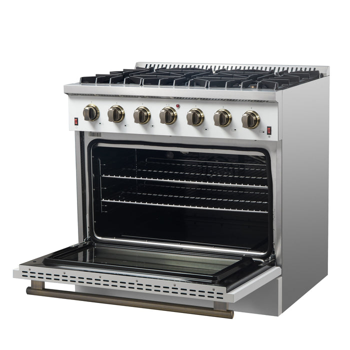 FORNO Galiano 36" 5.36 cu. ft. Gas Range with 6 Sealed Burners in White with Antique Brass Accents, FFSGS6244-36WHT