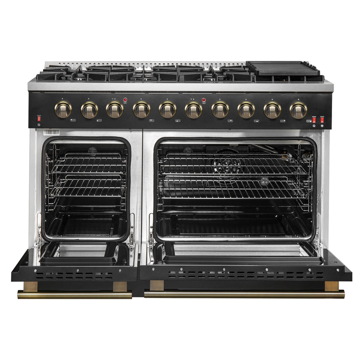 FORNO Galiano 48" 6.58 cu. ft. Gas Range with 8 Sealed Burners and Griddle in Black with Antique Brass Accents, FFSGS6244-48BLK
