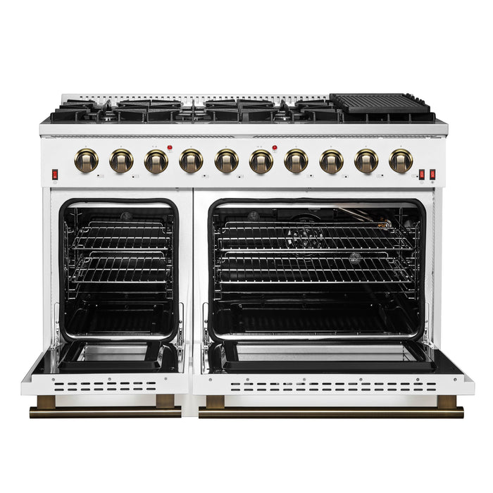 FORNO Galiano 48" 6.58 cu. ft. Gas Range with 8 Sealed Burners and Griddle in White with Antique Brass Accents, FFSGS6244-48WHT