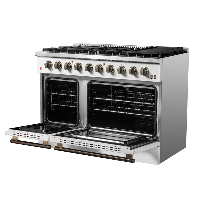 FORNO Galiano 48" 6.58 cu. ft. Gas Range with 8 Sealed Burners and Griddle in White with Antique Brass Accents, FFSGS6244-48WHT