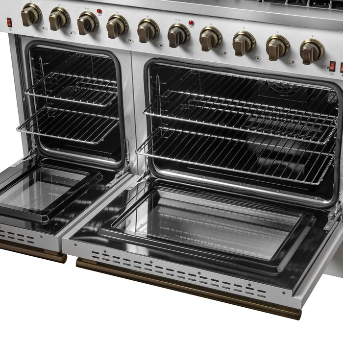 FORNO Galiano 48" 6.58 cu. ft. Gas Range with 8 Sealed Burners and Griddle in White with Antique Brass Accents, FFSGS6244-48WHT