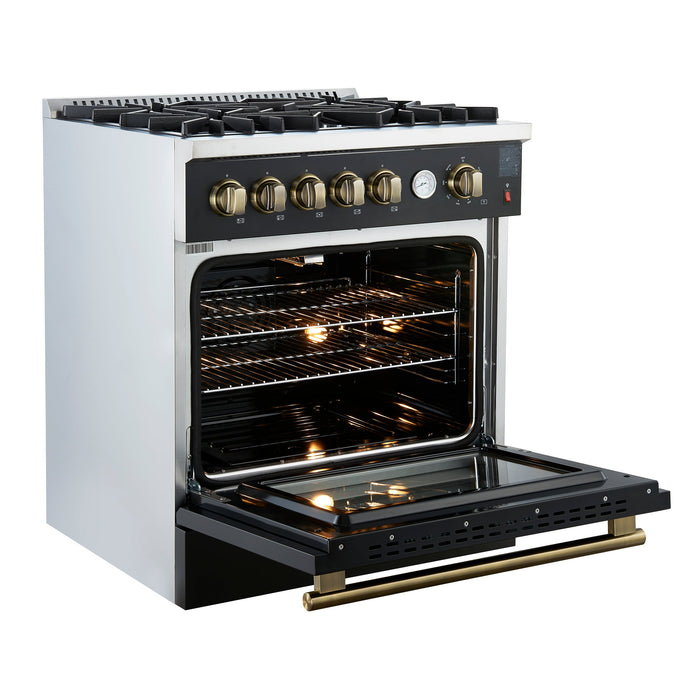 FORNO Giovanni 30" 4.32 cu. ft. Gas Range with 5 Burners, Air Fry Basket, Wok Support and Griddle in Black with Antique Brass Accents, FFSGS6274-30BLK