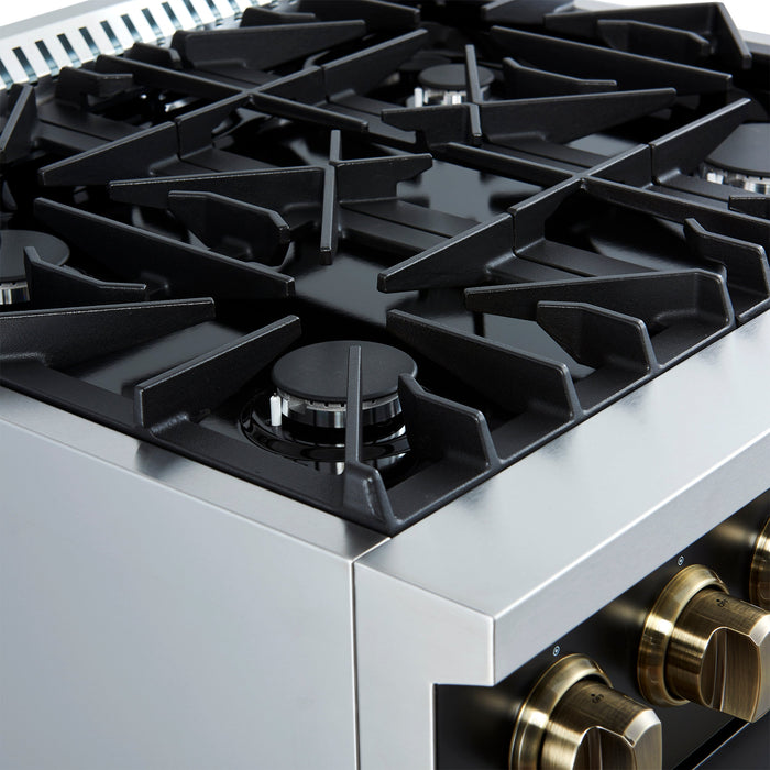 FORNO Marco 30" 4.32 cu.ft. Gas Range with 4 Burners and Temperature Gauge in Black with Antique Brass Accents, FFSGS6277-30BLK