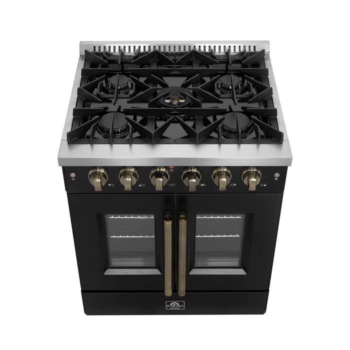 FORNO Galiano 30" 4.32 cu. ft. French Door Gas Range with 5 Sealed Burners in Black with Antique Brass Accents, FFSGS6444-30BLK