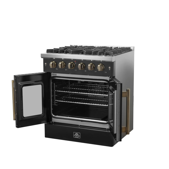 FORNO Galiano 30" 4.32 cu. ft. French Door Gas Range with 5 Sealed Burners in Black with Antique Brass Accents, FFSGS6444-30BLK