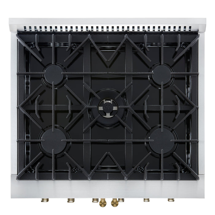 FORNO Galiano 30" 4.32 cu. ft. French Door Gas Range with 5 Sealed Burners in White with Antique Brass Accents, FFSGS6444-30WHT