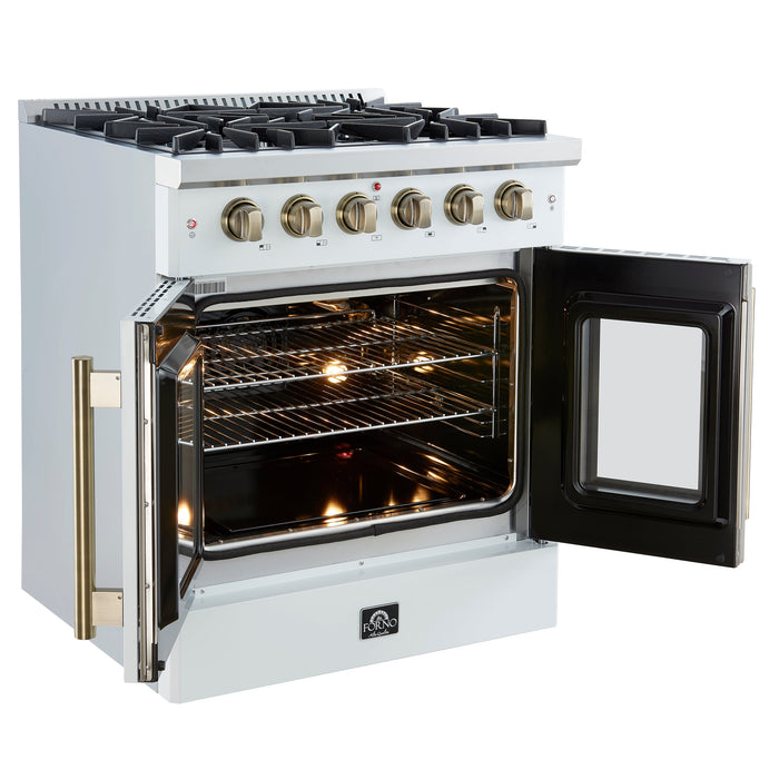 FORNO Galiano 30" 4.32 cu. ft. French Door Gas Range with 5 Sealed Burners in White with Antique Brass Accents, FFSGS6444-30WHT