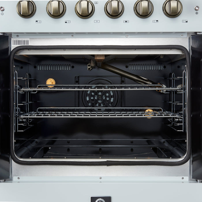 FORNO Galiano 30" 4.32 cu. ft. French Door Gas Range with 5 Sealed Burners in White with Antique Brass Accents, FFSGS6444-30WHT