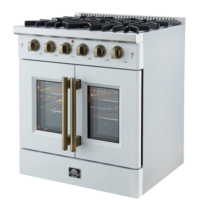 FORNO Galiano 30" 4.32 cu. ft. French Door Gas Range with 5 Sealed Burners in White with Antique Brass Accents, FFSGS6444-30WHT
