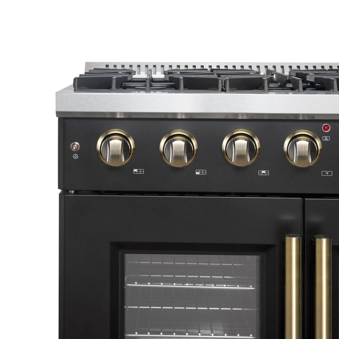 FORNO Galiano 36" 5.36 cu. ft. French Door Gas Range with 6 Sealed Burners in Black with Antique Brass Accents, FFSGS6444-36BLK
