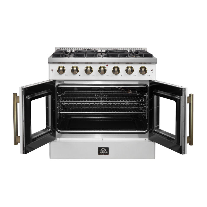 FORNO Galiano 36" 5.36 cu. ft. French Door Gas Range with 6 Sealed Burners in White with Antique Brass Accents, FFSGS6444-36WHT