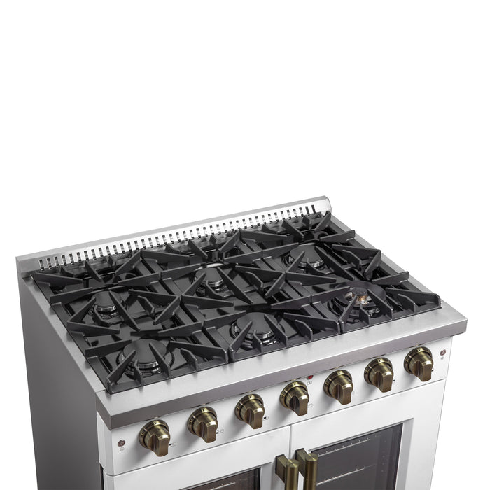 FORNO Galiano 36" 5.36 cu. ft. French Door Gas Range with 6 Sealed Burners in White with Antique Brass Accents, FFSGS6444-36WHT