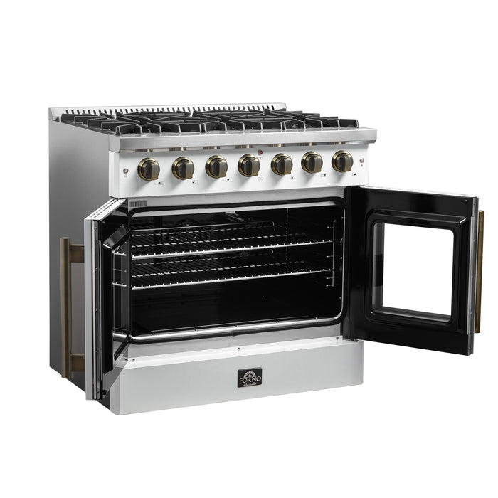 FORNO Galiano 36" 5.36 cu. ft. French Door Gas Range with 6 Sealed Burners in White with Antique Brass Accents, FFSGS6444-36WHT