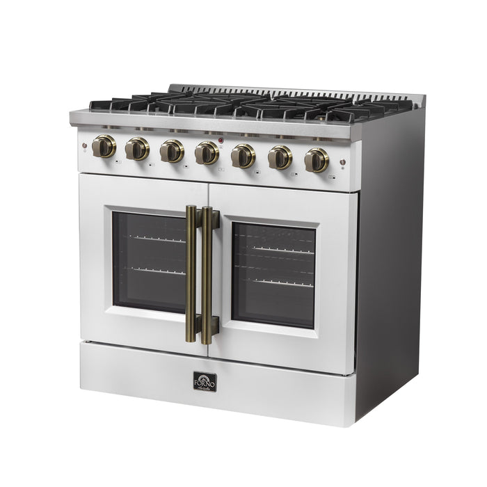 FORNO Galiano 36" 5.36 cu. ft. French Door Gas Range with 6 Sealed Burners in White with Antique Brass Accents, FFSGS6444-36WHT