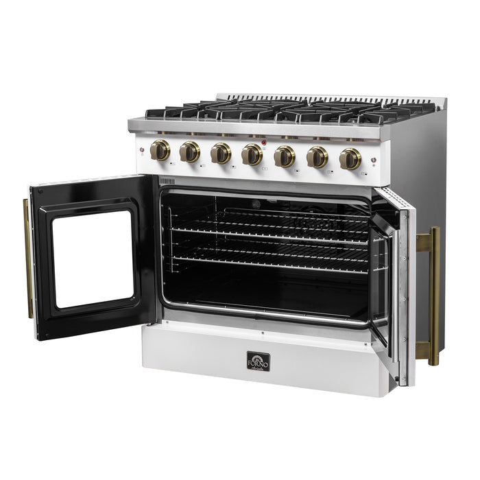 FORNO Galiano 36" 5.36 cu. ft. French Door Gas Range with 6 Sealed Burners in White with Antique Brass Accents, FFSGS6444-36WHT