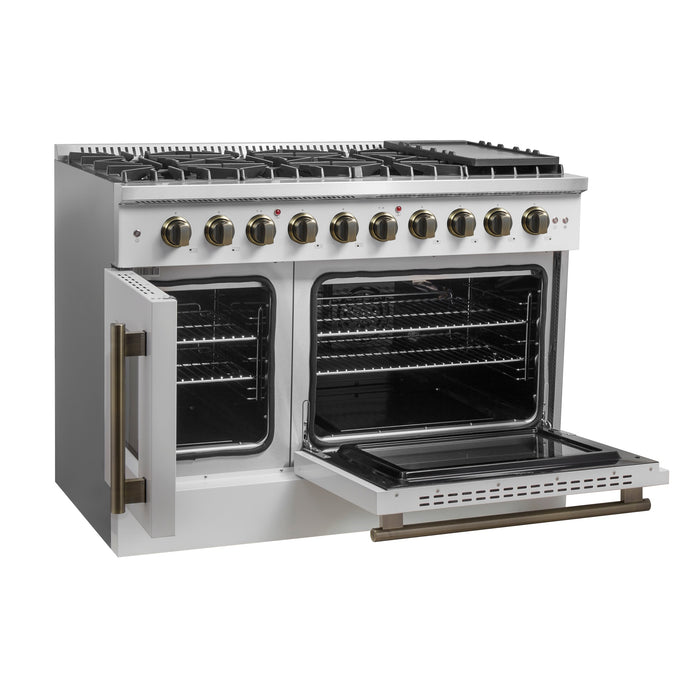 FORNO Galiano 48" 6.58 cu. ft. French Door Gas Range with 8 Sealed Burners and Griddle in White with Antique Brass Accents, FFSGS6444-48WHT