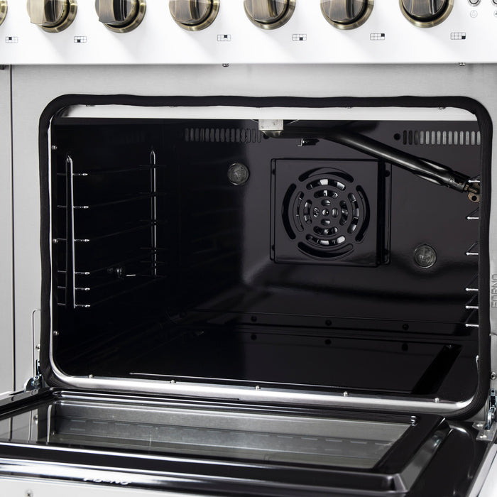 FORNO Galiano 48" 6.58 cu. ft. French Door Gas Range with 8 Sealed Burners and Griddle in White with Antique Brass Accents, FFSGS6444-48WHT