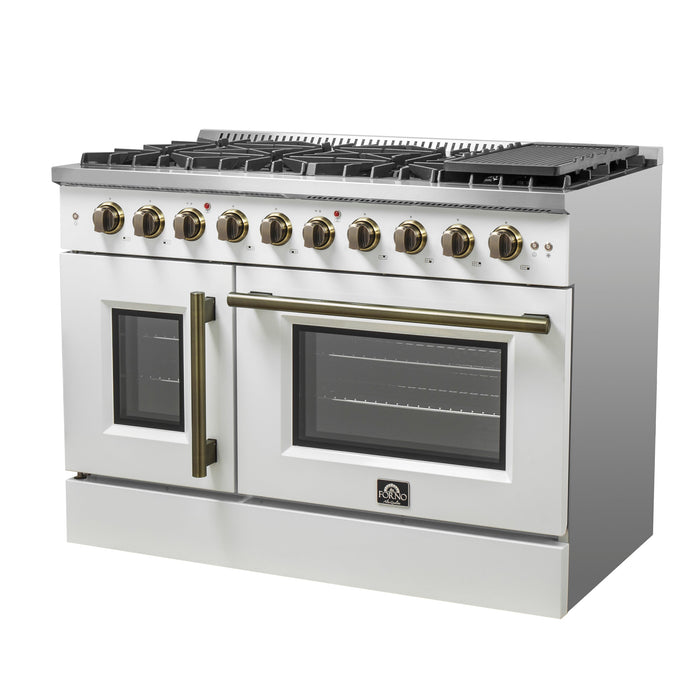 FORNO Galiano 48" 6.58 cu. ft. French Door Gas Range with 8 Sealed Burners and Griddle in White with Antique Brass Accents, FFSGS6444-48WHT