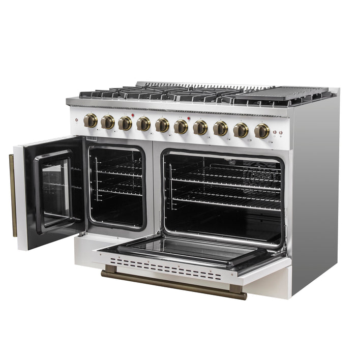 FORNO Galiano 48" 6.58 cu. ft. French Door Gas Range with 8 Sealed Burners and Griddle in White with Antique Brass Accents, FFSGS6444-48WHT
