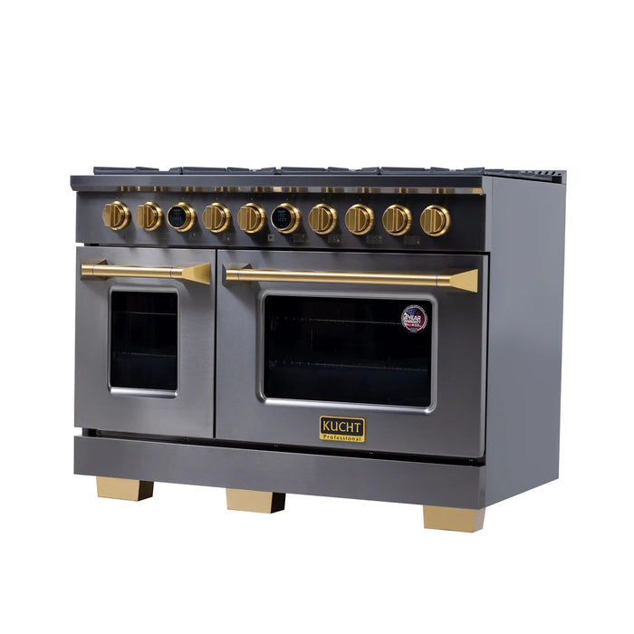 Kucht Horus 48-Inch Dual Fuel Range with 6.7 cu. ft. Electric Oven and 8 Gas Burners in Dark Titanium Stainless Steel with Digital Thermostat (KXD48)