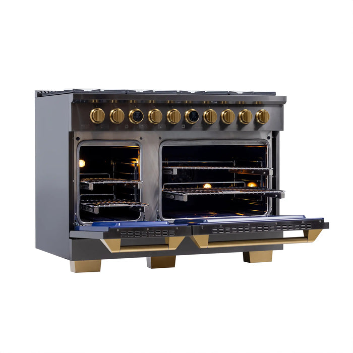 Kucht Horus 48-Inch Dual Fuel Range with 6.7 cu. ft. Electric Oven and 8 Gas Burners in Dark Titanium Stainless Steel with Digital Thermostat (KXD48)