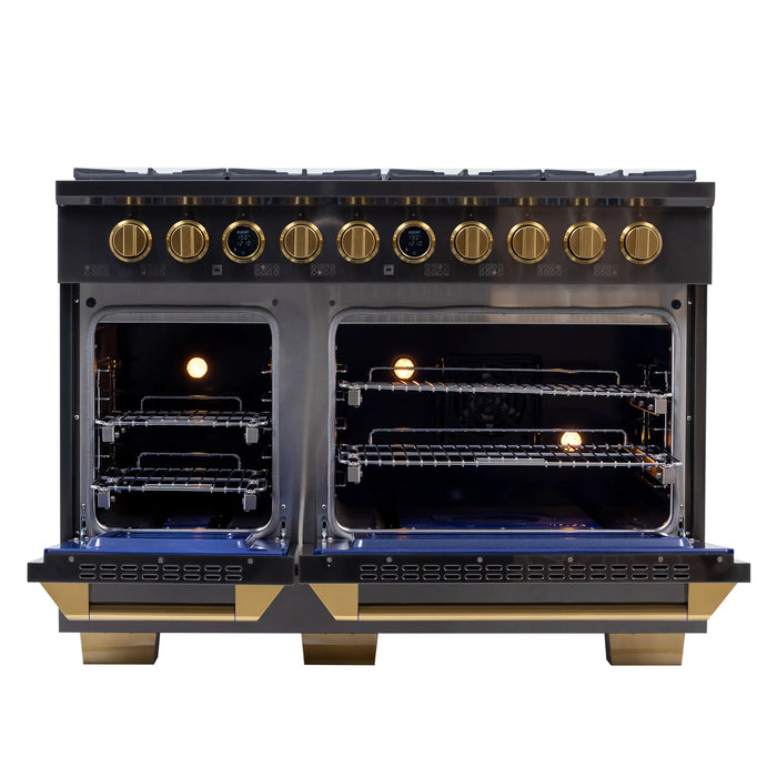 Kucht Horus 48-Inch Dual Fuel Range with 6.7 cu. ft. Electric Oven and 8 Gas Burners in Dark Titanium Stainless Steel with Digital Thermostat (KXD48)