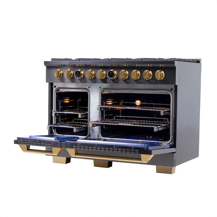Kucht Horus 48-Inch Dual Fuel Range with 6.7 cu. ft. Electric Oven and 8 Gas Burners in Dark Titanium Stainless Steel with Digital Thermostat (KXD48)
