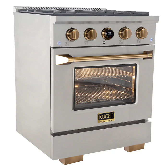 Kucht Horus 30-Inch Dual Fuel Range with 4.2 cu. ft. Electric Oven and 4 Gas Burners in Stainless Steel with Gold Accents and Digital Thermostat (KXP30-GL)