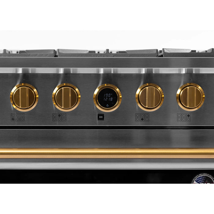 Kucht Horus 36-Inch Dual Fuel Range with 5.2 cu. ft. Electric Oven and 6 Gas Burners in Stainless Steel with Gold Accents and Digital Thermostat (KXP36-GL)