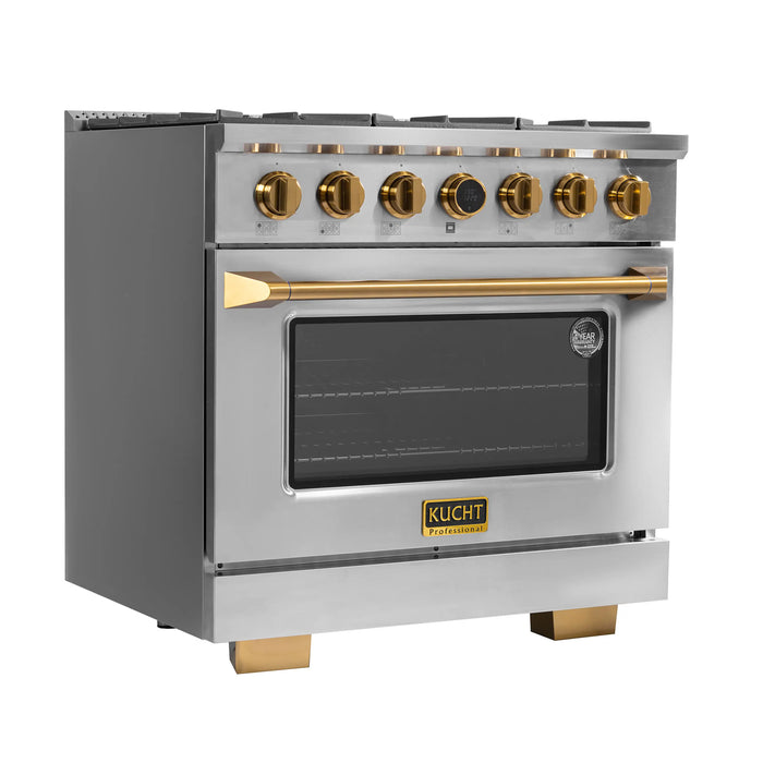 Kucht Horus 36-Inch Dual Fuel Range with 5.2 cu. ft. Electric Oven and 6 Gas Burners in Stainless Steel with Gold Accents and Digital Thermostat (KXP36-GL)