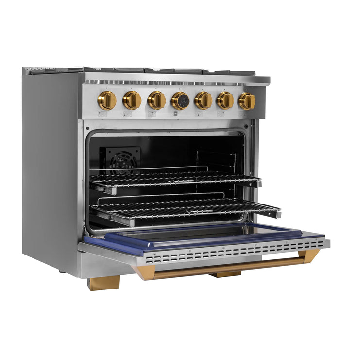 Kucht Horus 36-Inch Dual Fuel Range with 5.2 cu. ft. Electric Oven and 6 Gas Burners in Stainless Steel with Gold Accents and Digital Thermostat (KXP36-GL)