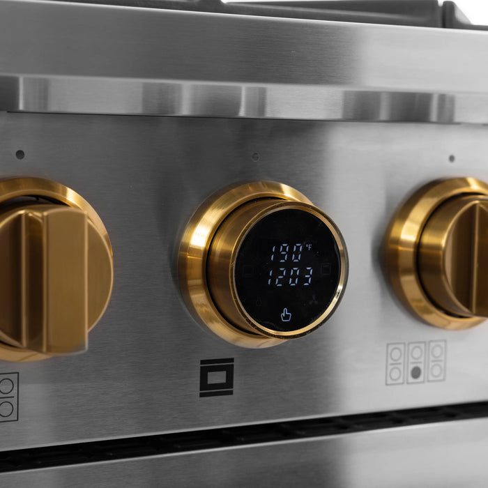 Kucht Horus 36-Inch Dual Fuel Range with 5.2 cu. ft. Electric Oven and 6 Gas Burners in Stainless Steel with Gold Accents and Digital Thermostat (KXP36-GL)