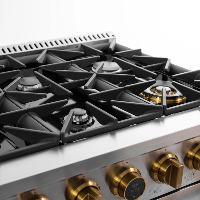 Kucht Horus 36-Inch Dual Fuel Range with 5.2 cu. ft. Electric Oven and 6 Gas Burners in Stainless Steel with Gold Accents and Digital Thermostat (KXP36-GL)