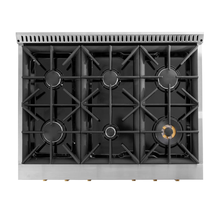 Kucht Horus 36-Inch Dual Fuel Range with 5.2 cu. ft. Electric Oven and 6 Gas Burners in Stainless Steel with Gold Accents and Digital Thermostat (KXP36-GL)
