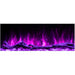 A panoramic electric fireplace with purple flames