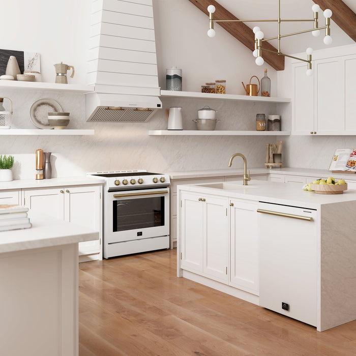 FORNO Espresso Package - 30" Gas Range, Range Hood, 36" Refrigerator with Ice Maker and Dishwasher in White with Silver Accents