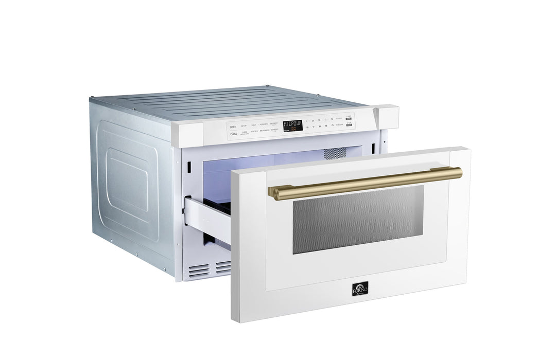 FORNO Espresso Capoliveri 24" 1.2 cu. ft. Built-In Microwave Drawer in White with Antique Brass Handles, FMWDR3000-24WHT