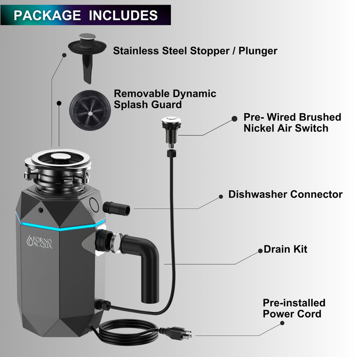 FORNO ACQUA BrightDiamond Black Onyx 1 HP Ultra-Quiet Garbage Disposal with Motion Sensor Light & Pre-Wired Air Switch