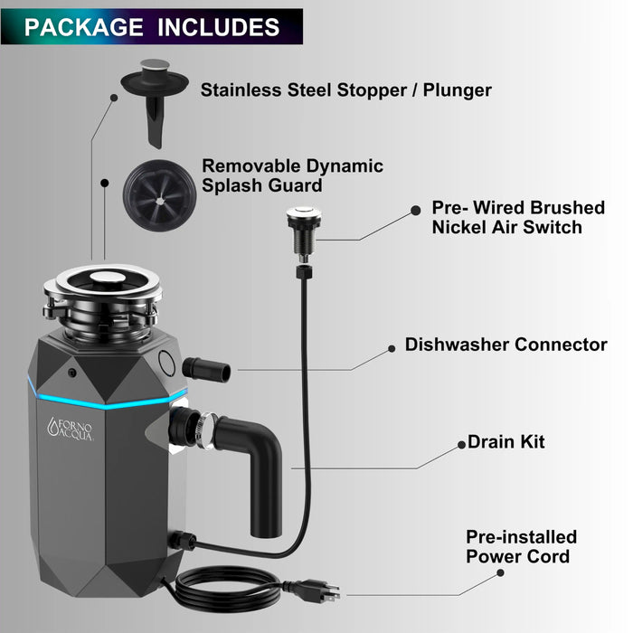 Forno Acqua BrightDiamond Black Onyx 1HP Super Quiet Garbage Disposal Corded with Motion Sensor Cabinet Light & Pre-Wired Air Switch (WDD100TA1BO)
