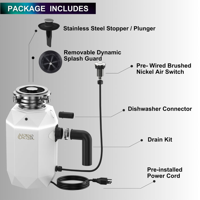 FORNO ACQUA BrightDiamond Moonstone 3/4 HP Ultra-Quiet Garbage Disposal with Motion Sensor Light & Pre-Wired Air Switch