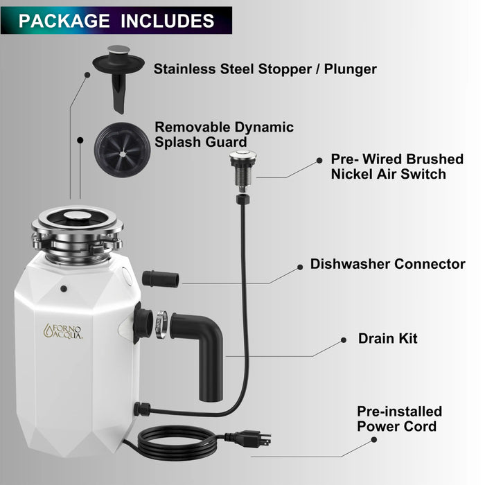 Forno Acqua BrightDiamond Moonstone 1HP Super Quiet Garbage Disposal Corded with Motion Sensor Cabinet Light & Pre-Wired Air Switch (WDD100TA2MS)