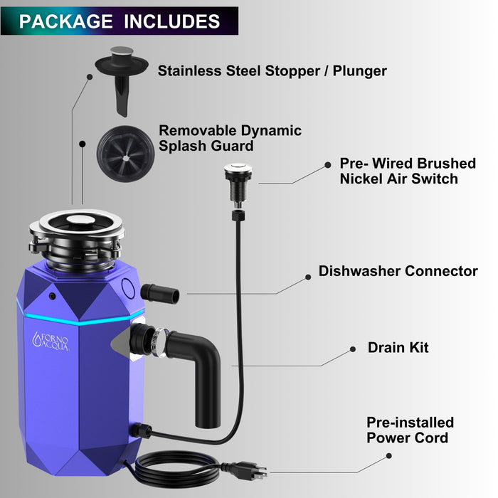 FORNO ACQUA BrightDiamond Amethyst 3/4 HP Ultra-Quiet Garbage Disposal with Motion Sensor Light & Pre-Wired Air Switch