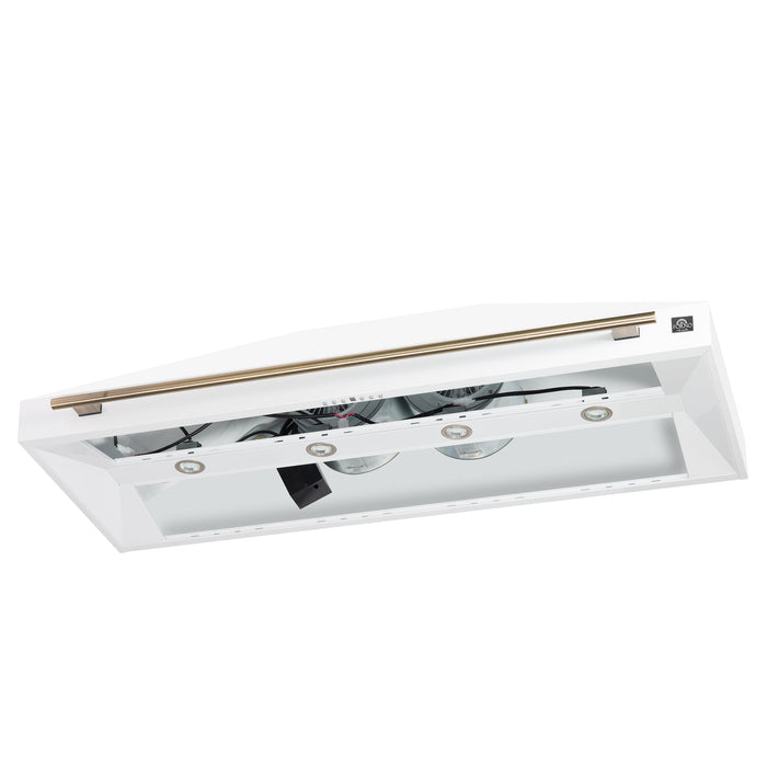 FORNO Aria 60" 1200 CFM Convertible Wall Mount Range Hood with White Hood and Antique Brass Accents, FRHWM5095-60WHT