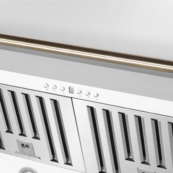 FORNO Aria 60" 1200 CFM Convertible Wall Mount Range Hood with White Hood and Antique Brass Accents, FRHWM5095-60WHT