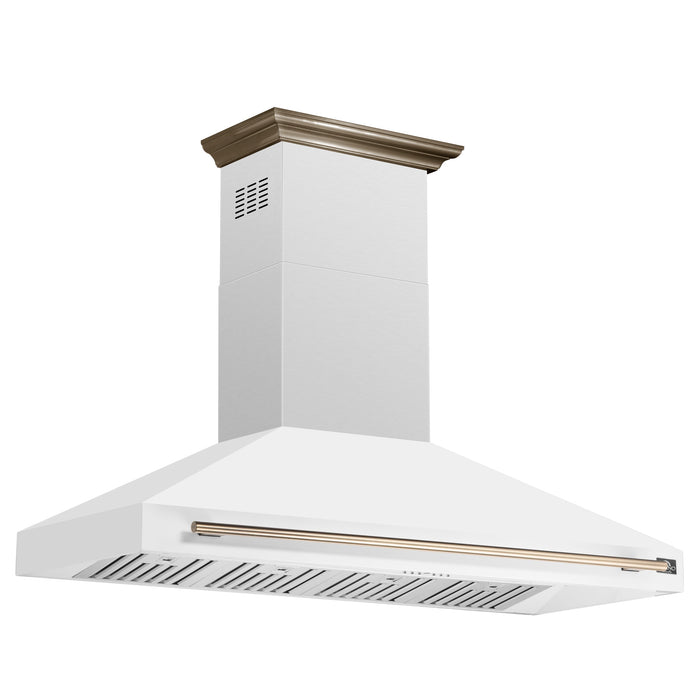 FORNO Aria 60" 1200 CFM Convertible Wall Mount Range Hood with White Hood and Antique Brass Accents, FRHWM5095-60WHT