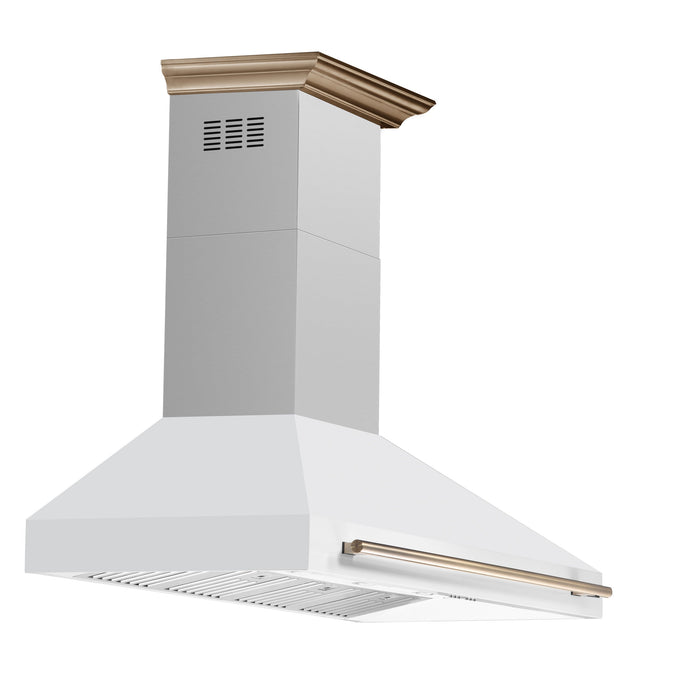FORNO Aria 60" 1200 CFM Convertible Wall Mount Range Hood with White Hood and Antique Brass Accents, FRHWM5095-60WHT