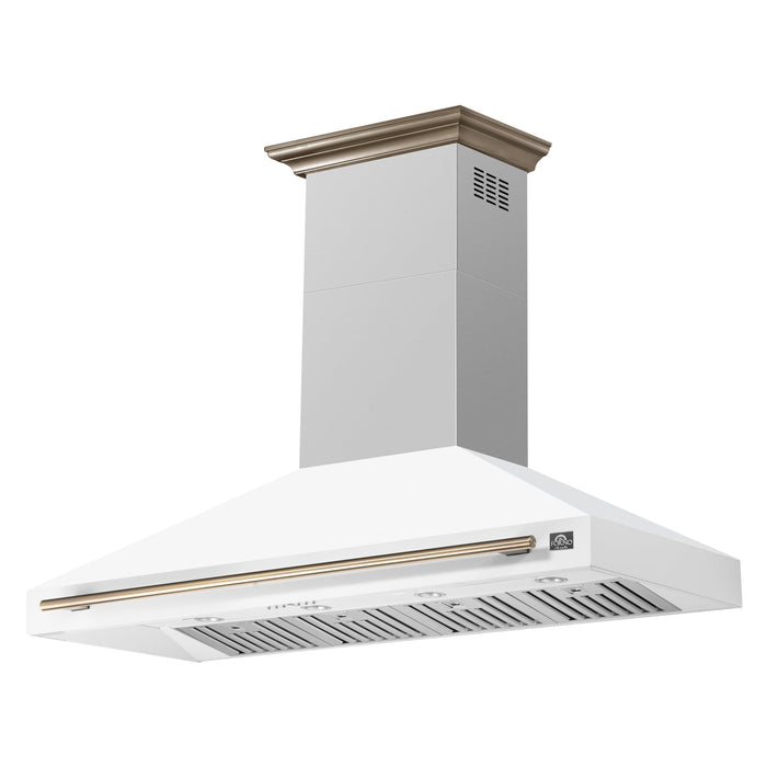 FORNO Aria 60" 1200 CFM Convertible Wall Mount Range Hood with White Hood and Antique Brass Accents, FRHWM5095-60WHT