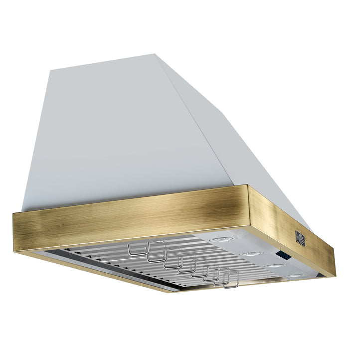 FORNO Vittorio 48" 600 CFM Wall Mount Range Hood in White and Antique Brass Trim with Remote Control, FRHWM5078-48WHT