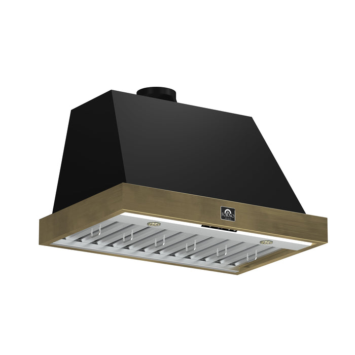 FORNO Vittorio 36" 600 CFM Wall Mount Range Hood in Black and Antique Brass Trim with Remote Control, FRHWM5078-36BLK